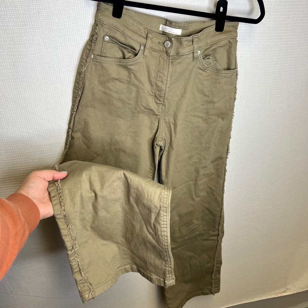 Oak + Fort Olive Green High Rise Straight Leg Pants with Fringe Side Seam Detail